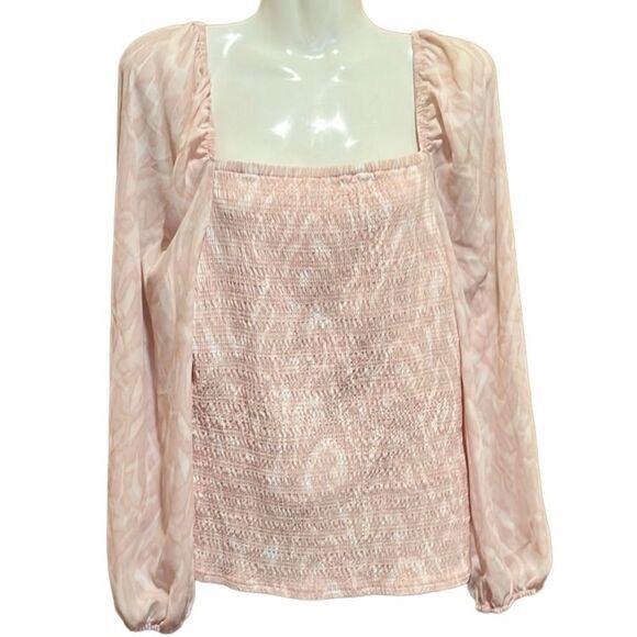 HALOGEN Blouse L Scrolling Pink Variegated Smocked Puff Sleeve Scrolling Fairy - Picture 4 of 12